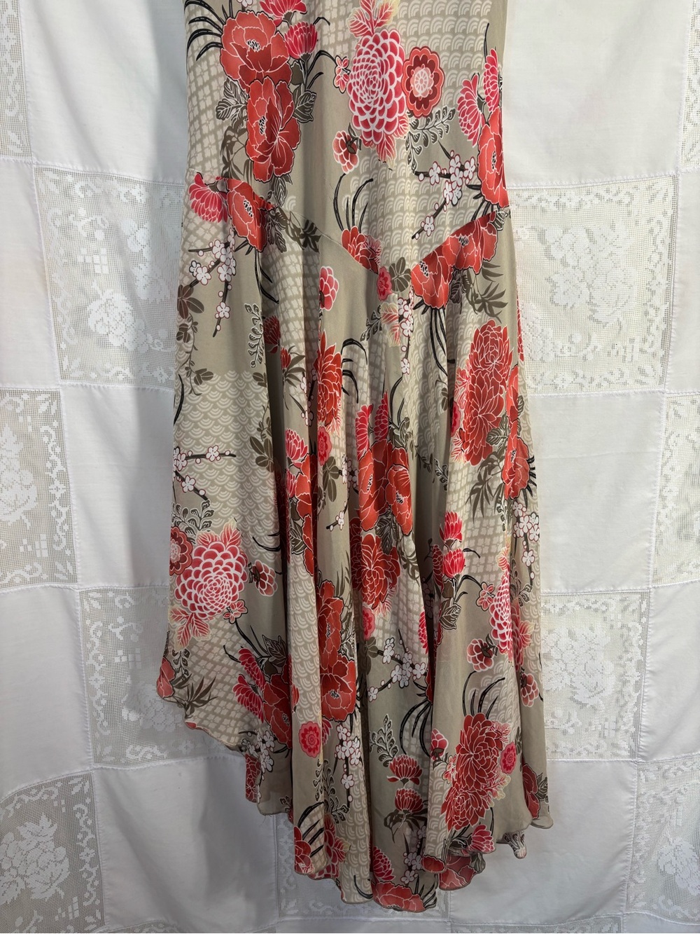 Tan+Red Floral Bias Cut Asymmetrical Hem Whimsy Cottage Fairy Dress Size M-L‎ - Picture 8 of 15